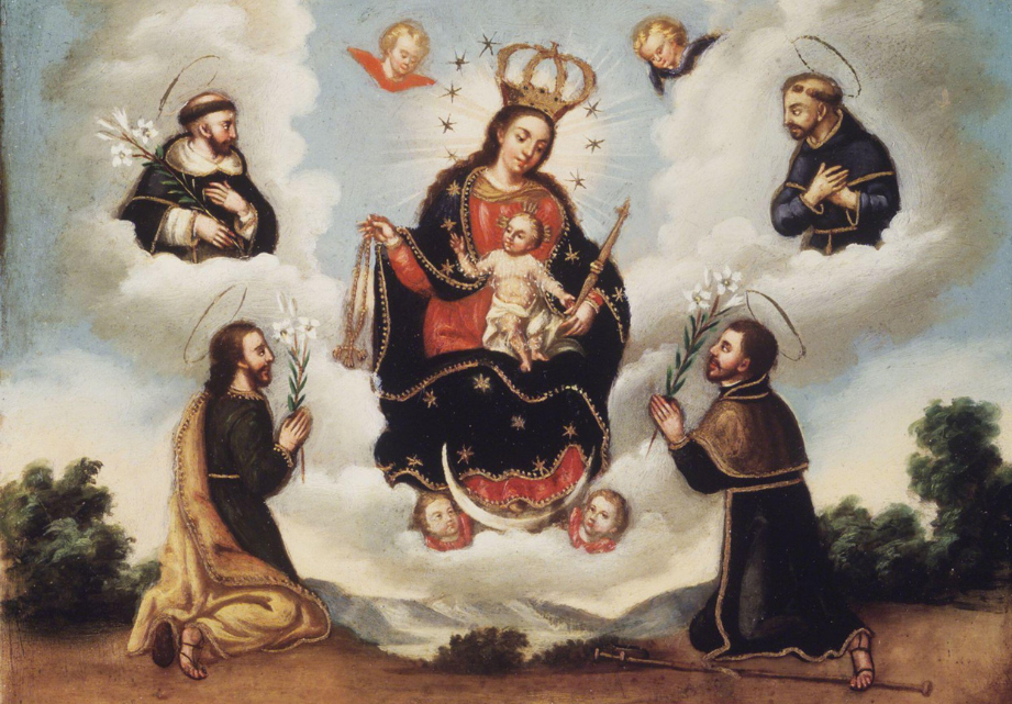 La Madonna del Rosario con il Bambino tra le nuvole, circondata da santi in preghiera.