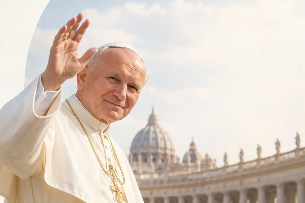 San Giovanni Paolo II sorride e saluta con la mano alzata davanti alla Basilica di San Pietro.