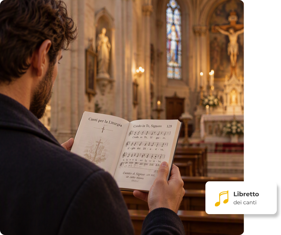 Fedele in chiesa che legge il libretto dei canti